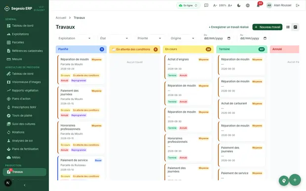 Aperçu du module Gestion agricole dans Segesio ERP Liste des travaux agricoles avec statuts, dates et actions de gestion.