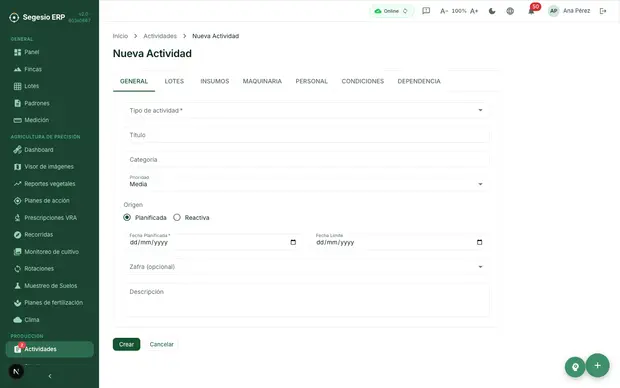 Formulario para crear una nueva actividad agrícola.