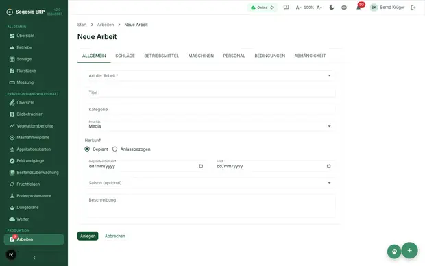 Formular zum Anlegen einer neuen Feldarbeit.