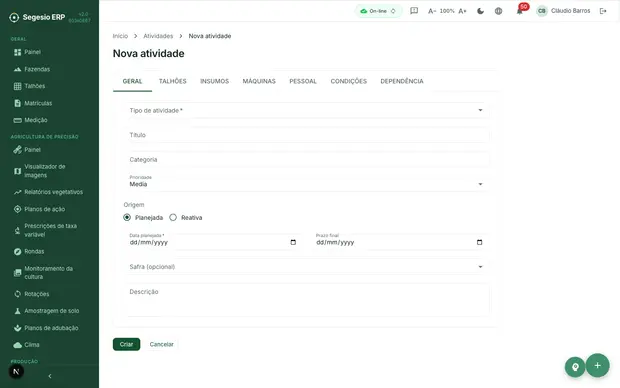Formulário para criar uma nova atividade agrícola.