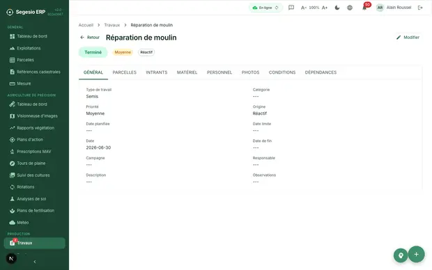 Détail d'un travail agricole avec ses informations opérationnelles.