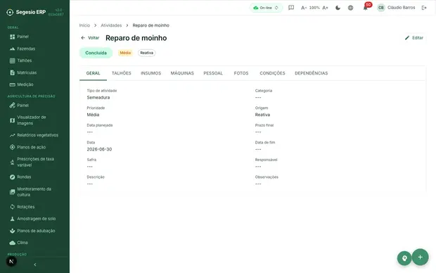 Detalhe de uma atividade agrícola com informações operacionais.