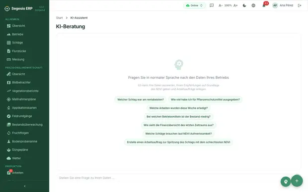 Vorschau des Moduls KI-Assistent in Segesio ERP Bildschirm einer Anfrage an den KI-Assistenten mit betrieblicher Antwort.