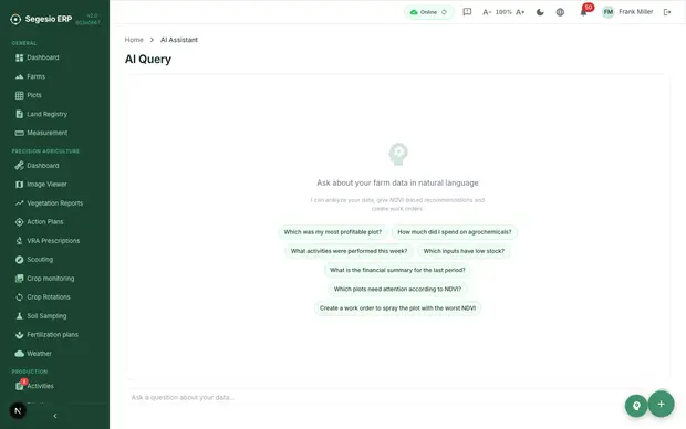 Preview of the AI assistant module in Segesio ERP AI assistant query screen with an operational response.