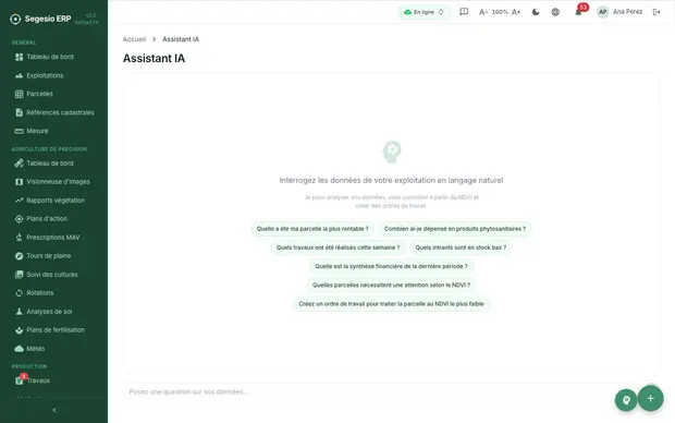 Aperçu du module Assistant IA dans Segesio ERP Écran de question à l'assistant IA avec une réponse opérationnelle.
