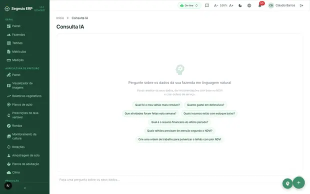 Prévia do módulo Assistente de IA no Segesio ERP Tela de consulta ao assistente de IA com uma resposta operacional.
