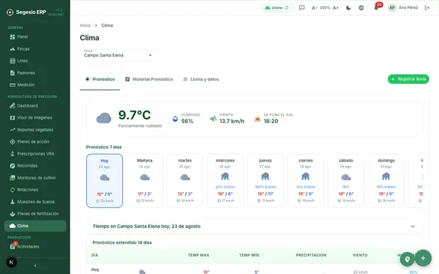 Vista del módulo Clima en Segesio ERP Pantalla de clima con pronóstico, humedad, viento y condiciones actuales por finca.
