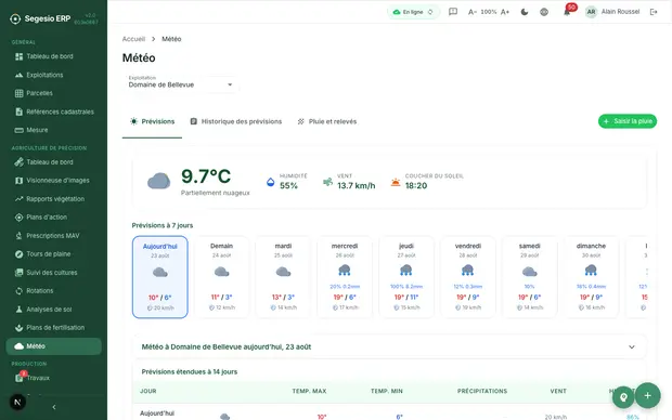 Aperçu du module Météo dans Segesio ERP Écran météo avec prévisions, humidité, vent et conditions du moment par exploitation.
