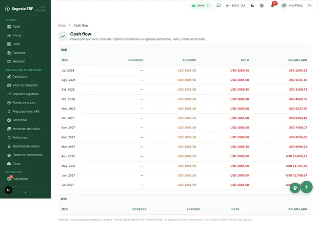 Vista de pantalla del producto: Finanzas Panel de flujo de caja y finanzas de Segesio ERP
