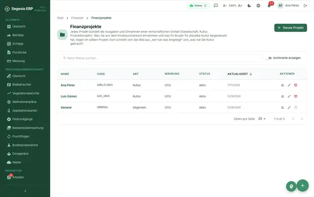 Finanzbericht je Projekt mit Beträgen und Ergebnissen.