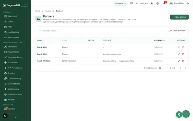 Finance view used in the Granja Novo case study Partner and contribution report in Segesio ERP