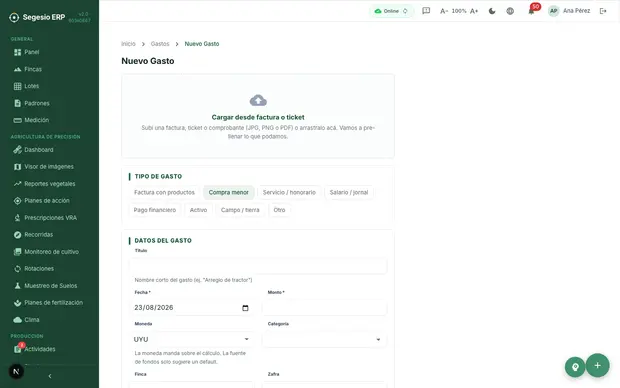 Pantalla de nuevo gasto en Segesio ERP