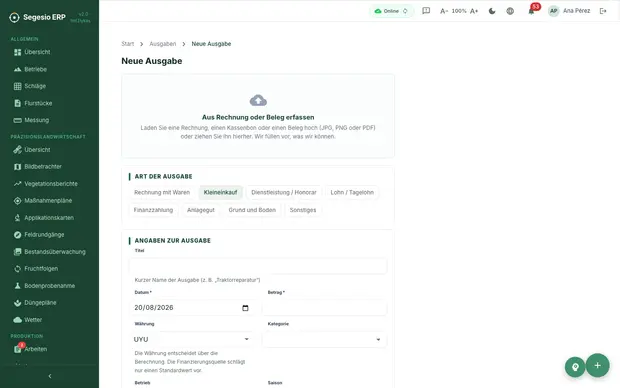 Maske für eine neue Ausgabe in Segesio ERP