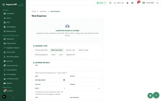 New expense screen in Segesio ERP