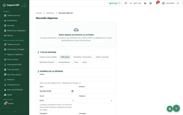 Écran de saisie d'une dépense dans Segesio ERP