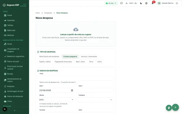 Tela de nova despesa no Segesio ERP