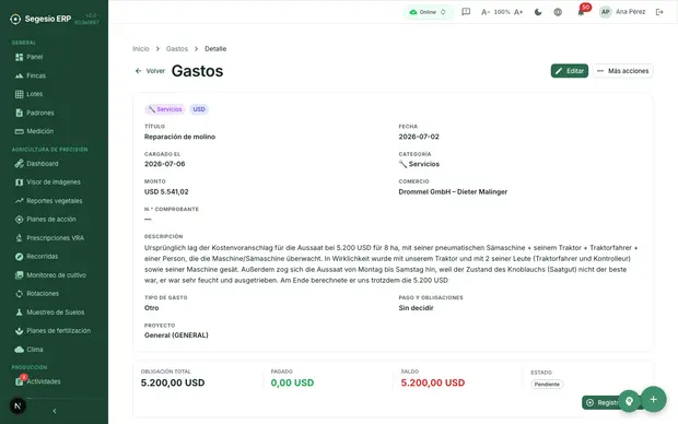 Detalle de gasto con comprobantes, pagos y datos de auditoría.