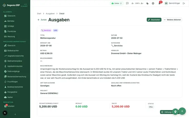 Ausgabendetail mit Belegen, Zahlungen und Prüfangaben.