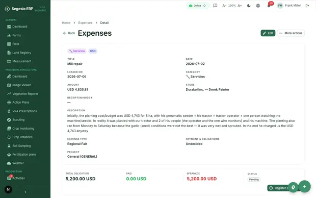 Expense detail with receipts, payments and audit information.