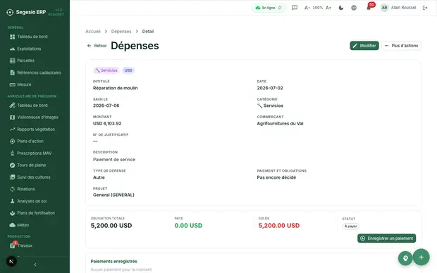 Détail d'une dépense avec justificatifs, paiements et données d'audit.