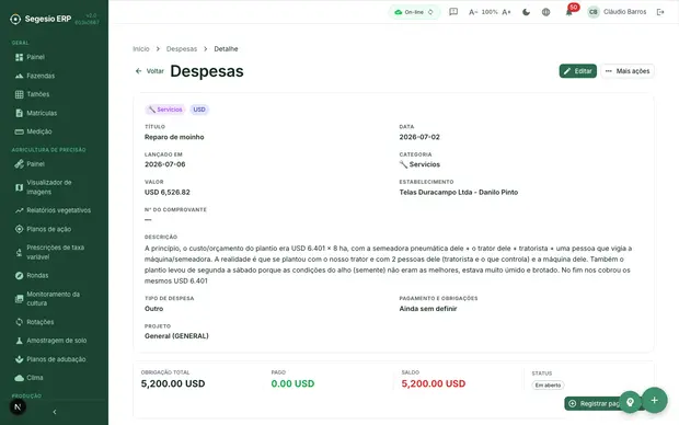 Detalhe de despesa com comprovantes, pagamentos e dados de auditoria.