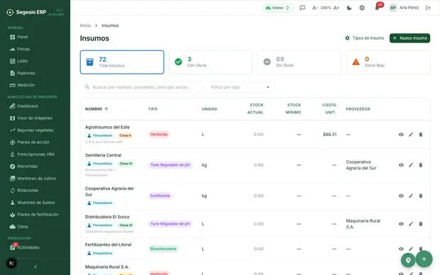 Captura de Segesio ERP en Insumos y stock