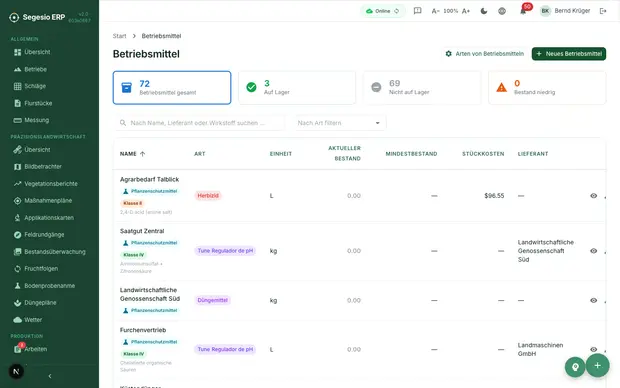 Produktansicht aus dem Fall Betriebsmittel und Bestand Segesio-ERP-Screenshot bei Betriebsmittel und Bestand