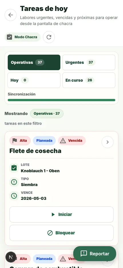 Listado de tareas dentro de Modo Chacra.