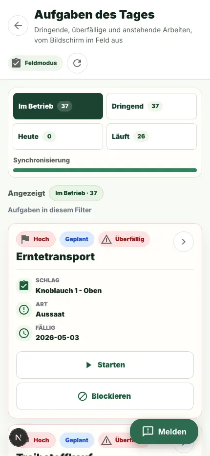 Aufgabenliste im Feldmodus.