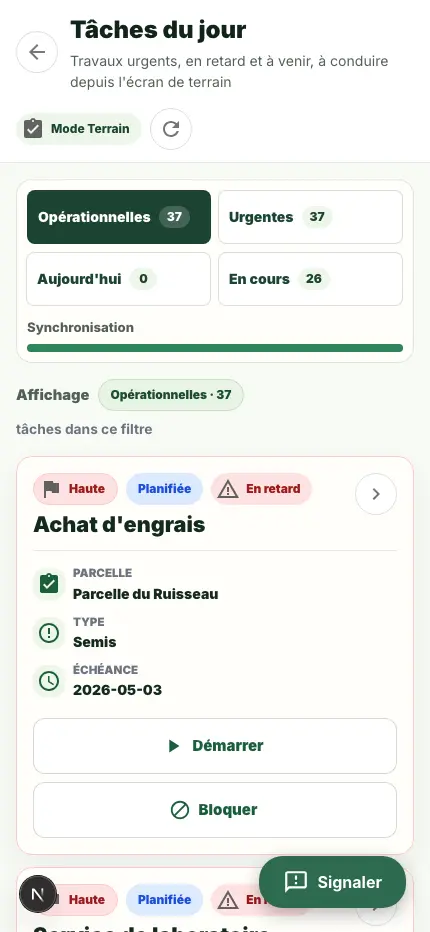 Liste des tâches dans le Mode Terrain.