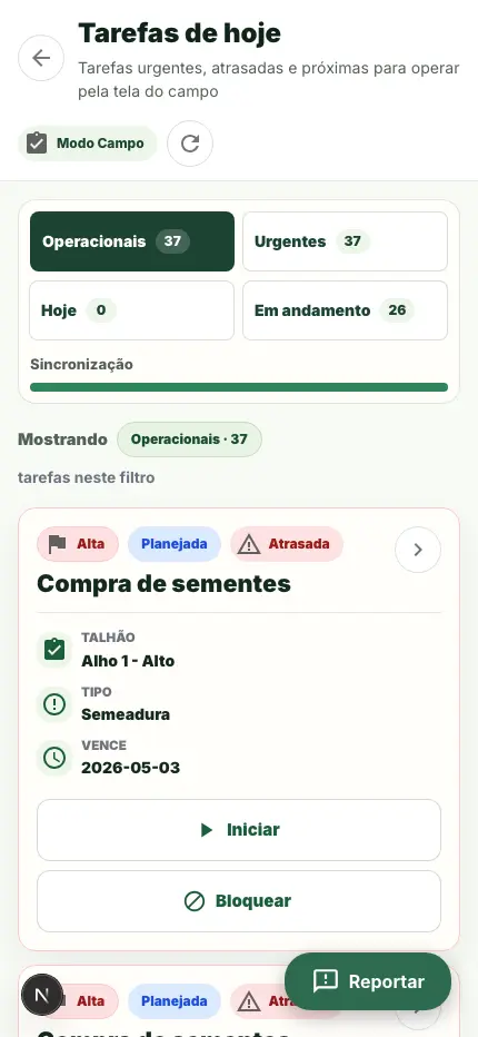Lista de tarefas dentro do Modo Campo.