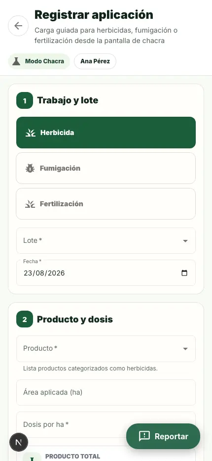 Pantalla de registrar aplicación en Modo Chacra.