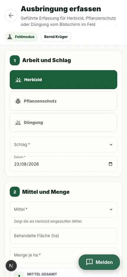 Feldmodus geöffnet auf einem Smartphone, mit großen Verknüpfungen für Feldaufgaben