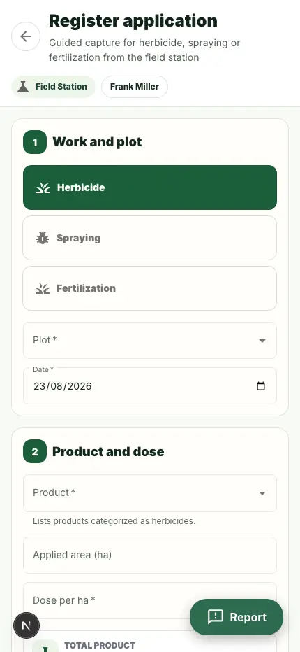 Field Station open on a phone, with large shortcuts for field tasks