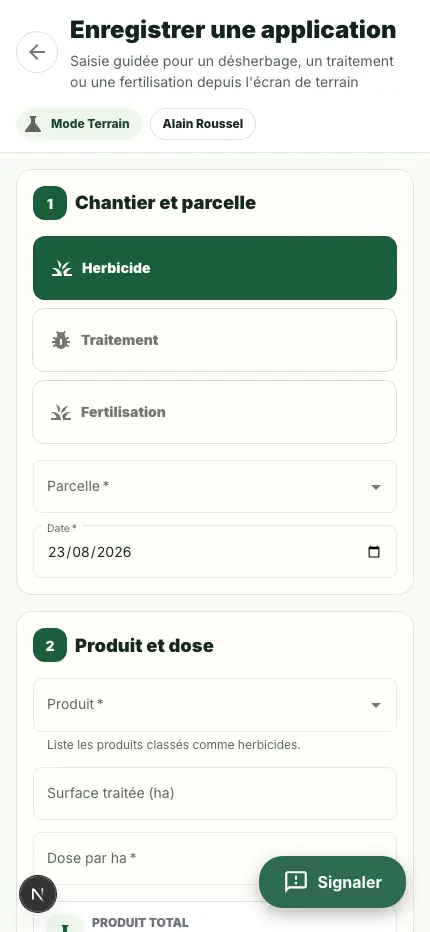 Mode Terrain ouvert sur un téléphone, avec de grands raccourcis pour les tâches au champ