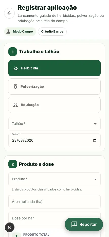 Tela de registrar aplicação no Modo Campo.