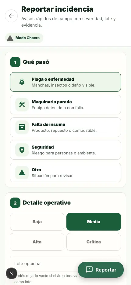 Pantalla de reportar incidencia en Modo Chacra.