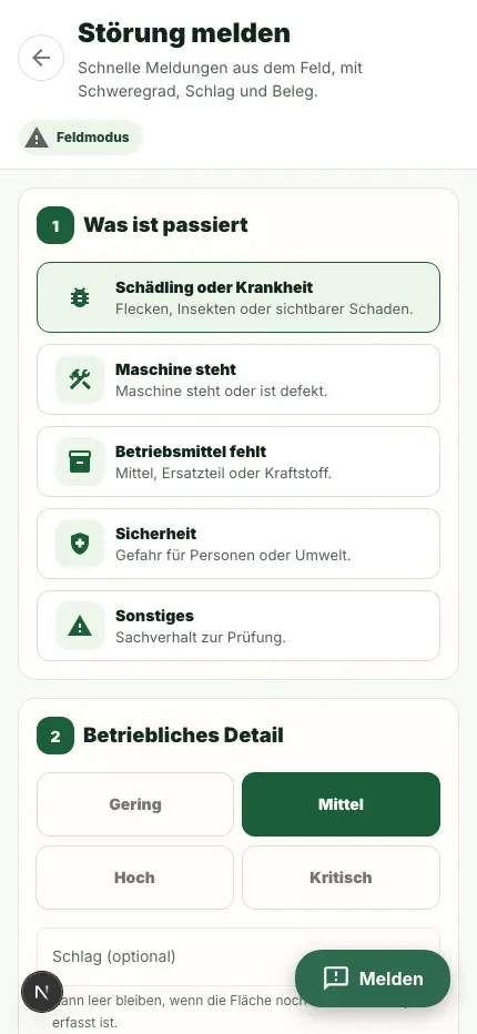 Bildschirm zum Melden einer Störung im Feldmodus.