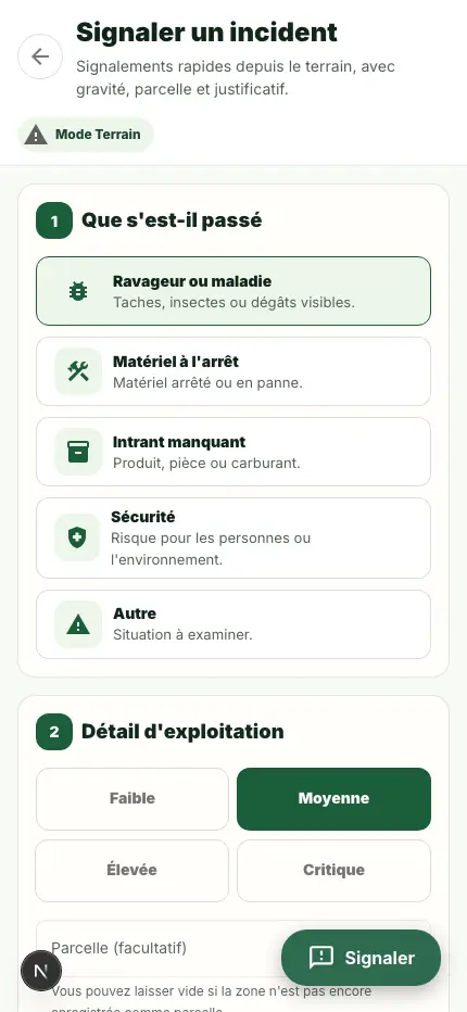 Écran de signalement d'un incident dans le Mode Terrain.