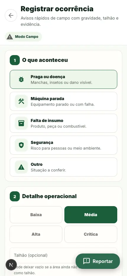 Tela de registrar ocorrência no Modo Campo.