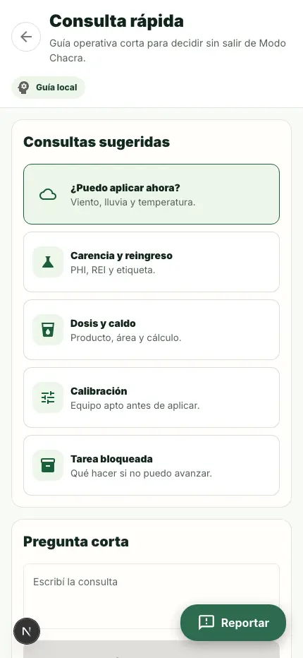 Pantalla de consulta rápida en Modo Chacra.