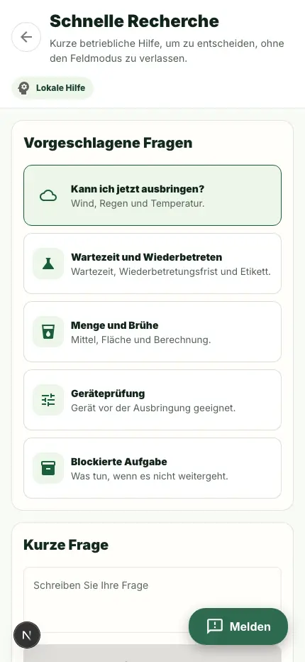 Bildschirm der schnellen Anfrage im Feldmodus.