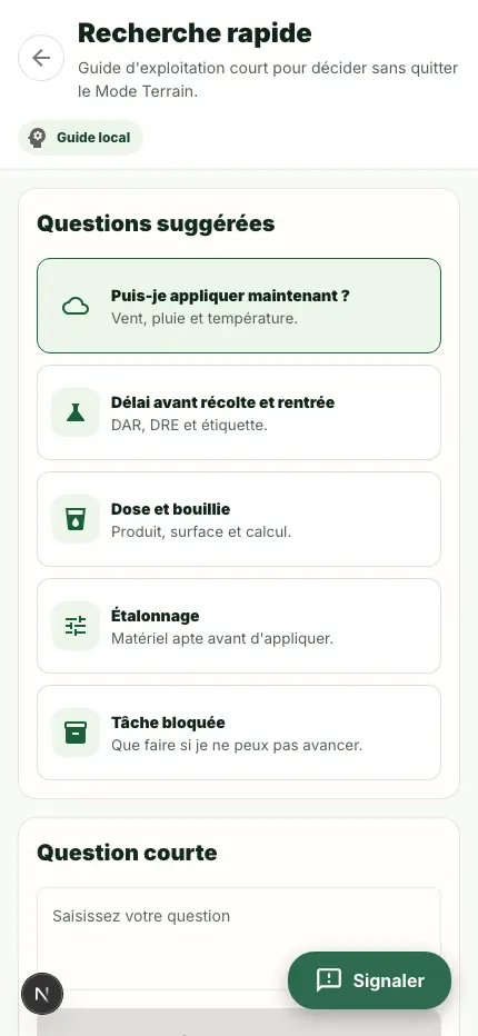Écran de question rapide dans le Mode Terrain.