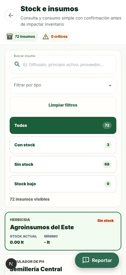 Pantalla de stock e insumos en Modo Chacra.
