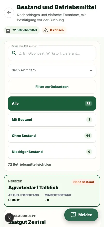 Bildschirm für Bestand und Betriebsmittel im Feldmodus.