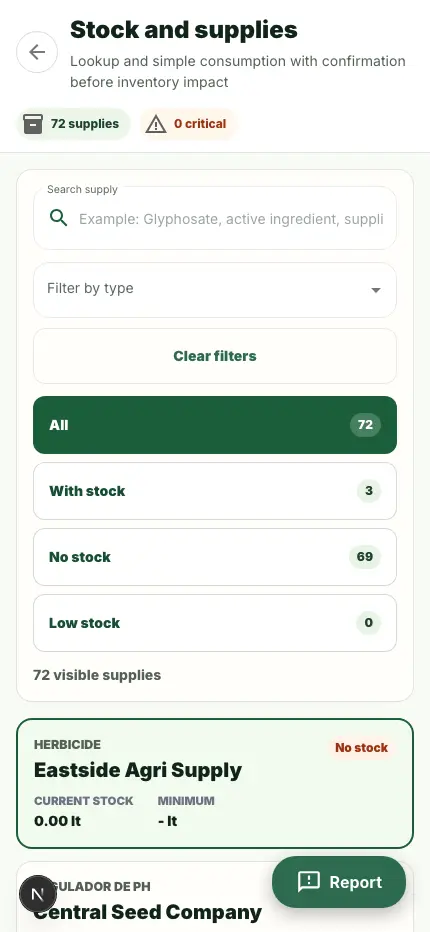 Stock and inputs screen in Field Station.