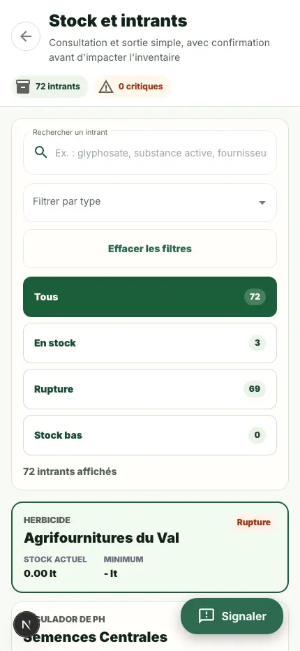 Écran de stock et intrants dans le Mode Terrain.