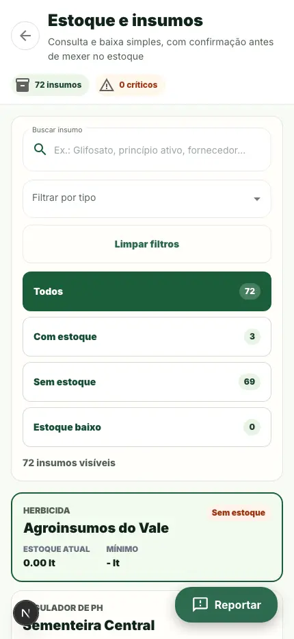 Tela de estoque e insumos no Modo Campo.
