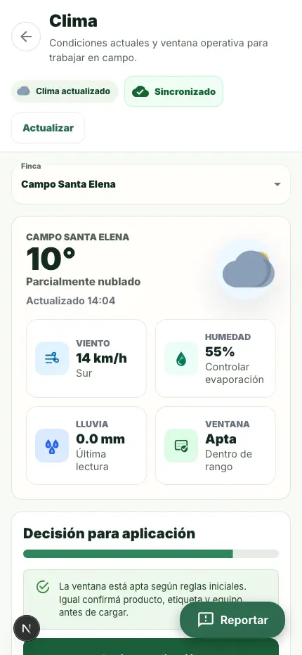 Pantalla de clima en Modo Chacra