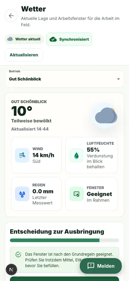 Wetteransicht im Feldmodus